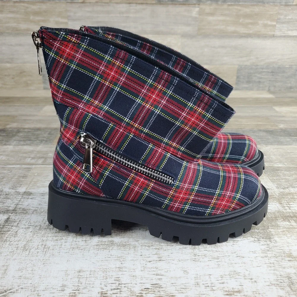 Azalea Wang Mohsen Womens Lug Sole Bootie Boots Sz 8 W Red Tartan Plaid Comfort